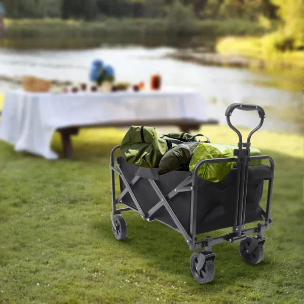 Folding Trolley Cart Outdoor Large Capacity Collapsible Wagon Cart, Portable Canvas Adjustable Handle Big Wheels