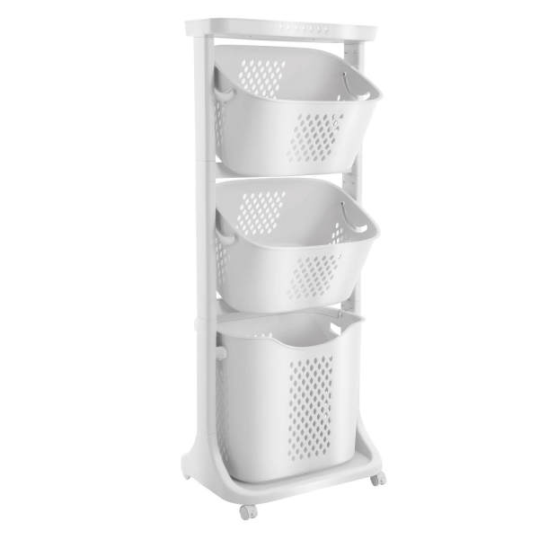 White 3-Layer Laundry Basket with Wheels, Dirty Clothes Basket, Laundry Basket with Wheels - for Bedroom, Bathroom & Laundry Room Storage