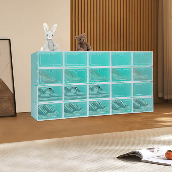 20-Piece Large Foldable & Stackable Flip-Top Shoe Boxes in Emerald Green (Heart-Shaped Design) - PP Material