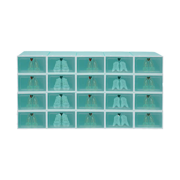 20-Piece Large Foldable & Stackable Flip-Top Shoe Boxes in Emerald Green (Heart-Shaped Design) - PP Material