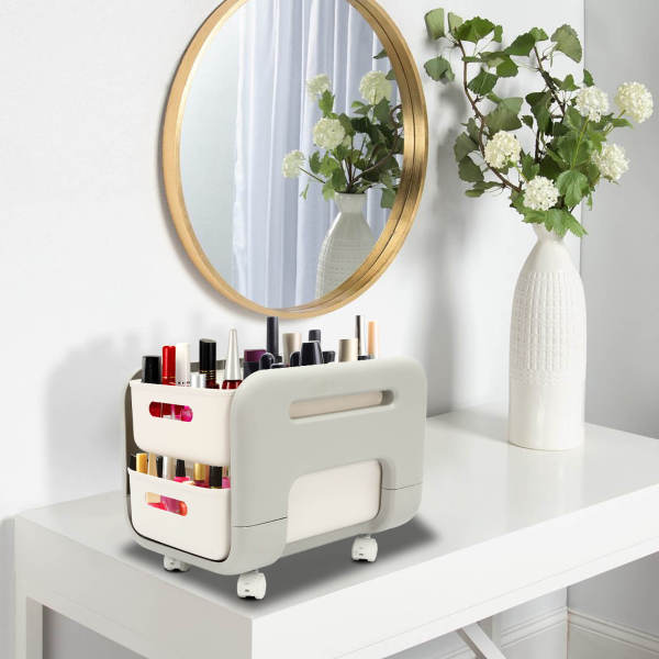 White Pull Out Cabinet Organizer,  2-Tier Slide Out Sliding Shelf, 2 Tier Cabinet Basket Storage Shelf with Sliding Drawers 38*25.5*25.5cm
