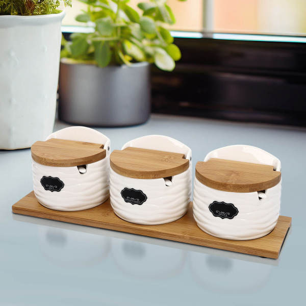 Kitchen Spice Jar, Ceramic Spice Jars with Bamboo Lids and Sugar Spoons, Spice Container