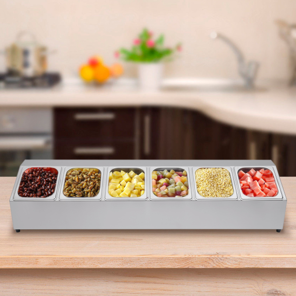 Catering Ingredient Container Stainless Steel 6 Grids Ingredient Box Side Container Bar Container Capacity Per Container Over 2 Litres with 6 Containers Catering Ingredient Container Stainless Steel 6 Grids Ingredient Box Side Container Bar Container Capacity Per Container Over 2 Litres with 6 Containers
