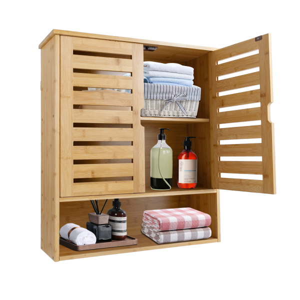 Bathroom Wall Cabinet, Bamboo Wall Mount Medicine Cabinet Storage Organizer, Double Doors & 3 Tier Adjustable Shelf