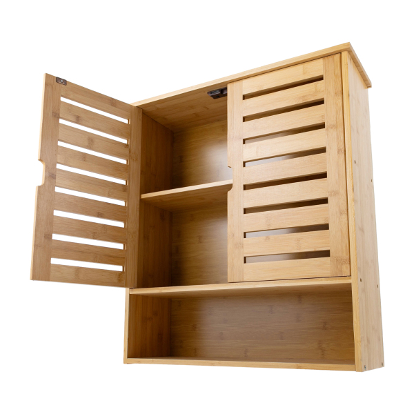 Bathroom Wall Cabinet, Bamboo Wall Mount Medicine Cabinet Storage Organizer, Double Doors & 3 Tier Adjustable Shelf