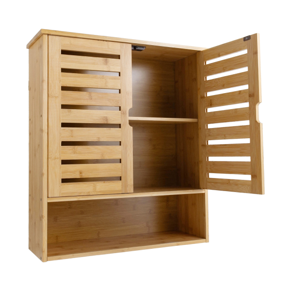 Bathroom Wall Cabinet, Bamboo Wall Mount Medicine Cabinet Storage Organizer, Double Doors & 3 Tier Adjustable Shelf
