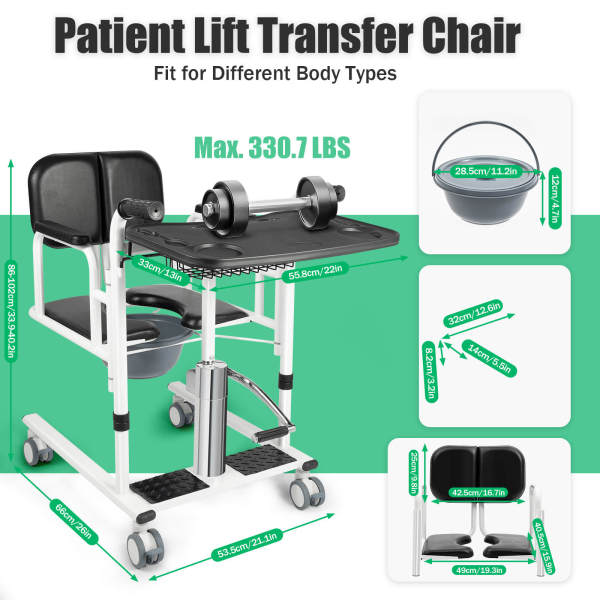 Black Multifunctional Hydraulic Lift Transfer Cart for Home Use, Patient Lift, Wheelchair Alternative - 150kg Load Capacity