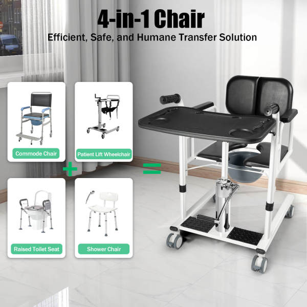 Black Multifunctional Hydraulic Lift Transfer Cart for Home Use, Patient Lift, Wheelchair Alternative - 150kg Load Capacity