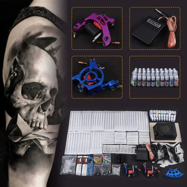 Tattoo Gun Kit For Beginners Professional Complete Tatoo Kit 2 Machine Gun 50 Needles 20 Inks Power Supply  4 Styles Of Tattoo Machines