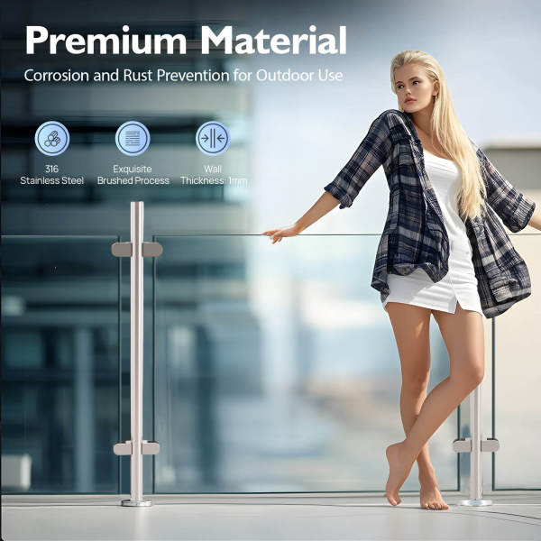 Railing Post 110cm, 304 Stainless Steel Railing Fence Pole, Mid Post Stainless Steel Pole, Guardrail with Silicone Pads