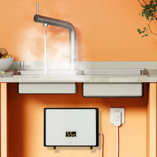 5500W Mini Undersink Electric Water Heater Instant Tankless with LCD Display Black Body White Screen