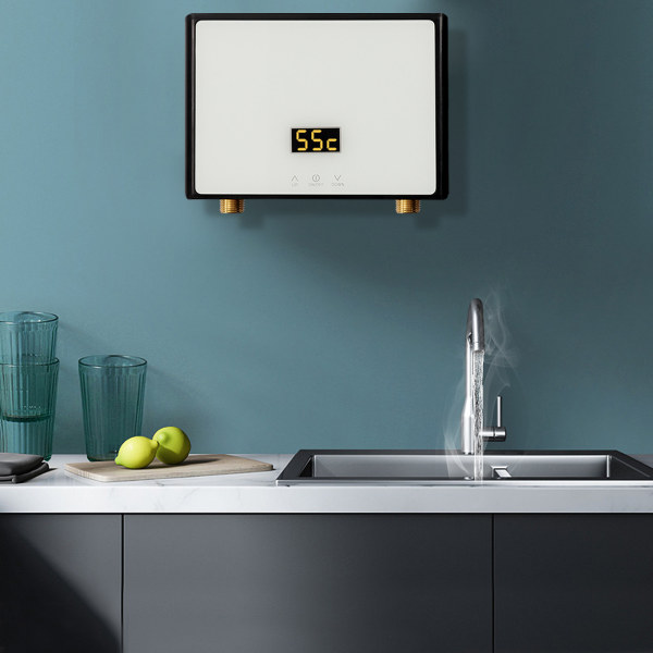 5500W Mini Undersink Electric Water Heater Instant Tankless with LCD Display Black Body White Screen