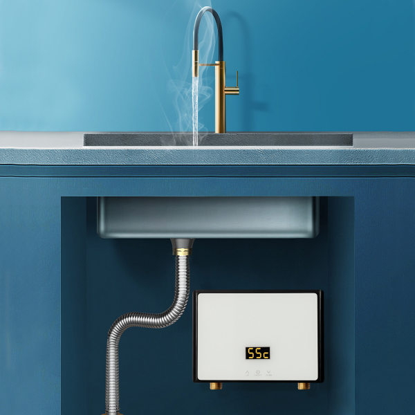 5500W Mini Undersink Electric Water Heater Instant Tankless with LCD Display Black Body White Screen