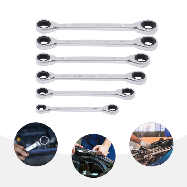 CNCEST 6-Piece Flex-Head Extra Long Ratcheting Wrenches Double Box End  45#Steel 72-Tooth Wrench Set with Metric 8mm - 19mm