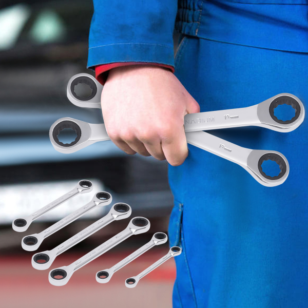 CNCEST 6-Piece Flex-Head Extra Long Ratcheting Wrenches Double Box End  45#Steel 72-Tooth Wrench Set with Metric 8mm - 19mm
