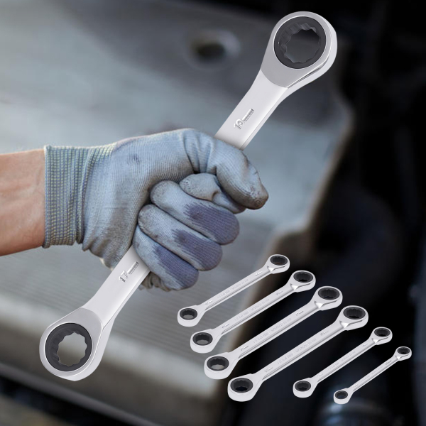 CNCEST 6-Piece Flex-Head Extra Long Ratcheting Wrenches Double Box End  45#Steel 72-Tooth Wrench Set with Metric 8mm - 19mm