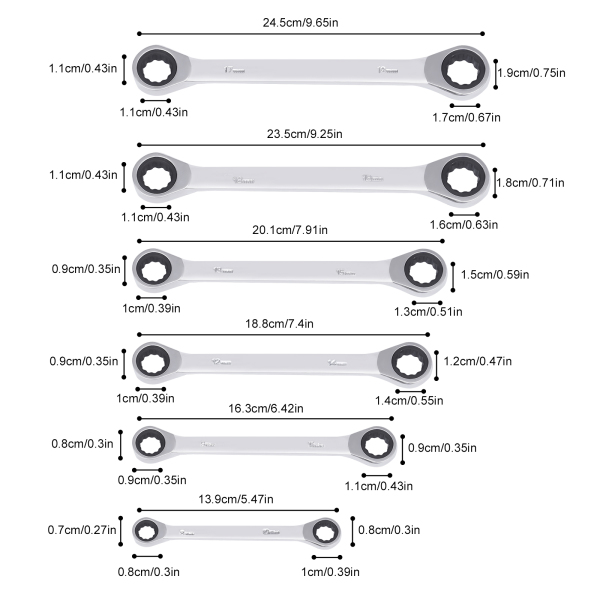 CNCEST 6-Piece Flex-Head Extra Long Ratcheting Wrenches Double Box End  45#Steel 72-Tooth Wrench Set with Metric 8mm - 19mm