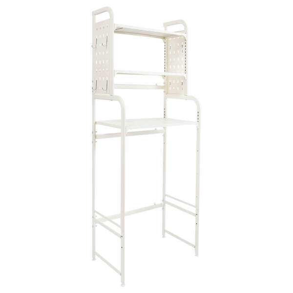 White Adjustable Laundry Room Shelf, Expandable Over Toilet Washing Machine and Dryer Storage Rack, Laundry Room Storage and Organizer Standing Shelf