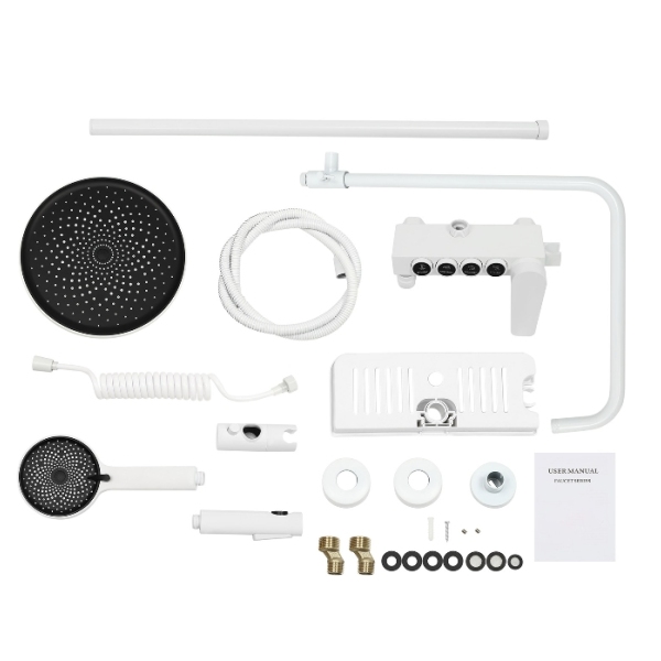Four-speed hot and cold rain shower set, four water outlets, adjustable in height, white