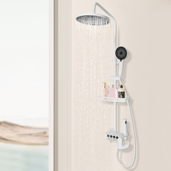 Four-speed hot and cold rain shower set, four water outlets, adjustable in height, white
