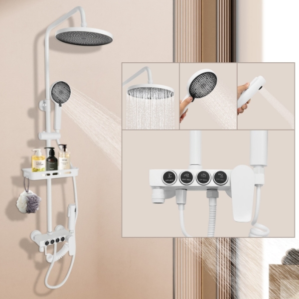 Four-speed hot and cold rain shower set, four water outlets, adjustable in height, white