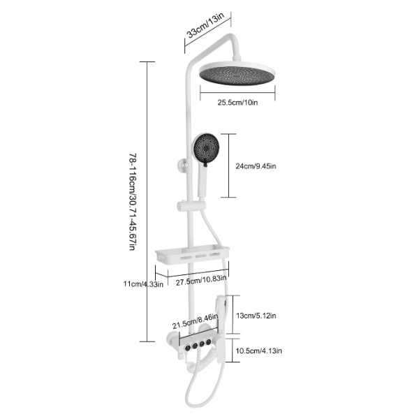 Four-speed hot and cold rain shower set, four water outlets, adjustable in height, white