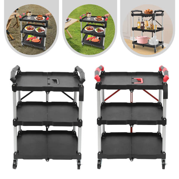 3-Tier Service Carts with Wheels, Foldable Rolling Service Cart, Kitchen Storage Cart, Red Handle, for storing, carrying in restaurants, hotels