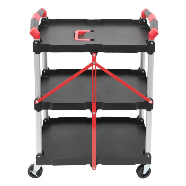 3-Tier Service Carts with Wheels, Foldable Rolling Service Cart, Kitchen Storage Cart, Red Handle, for storing, carrying in restaurants, hotels
