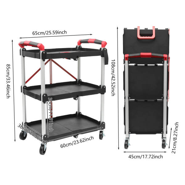3-Tier Service Carts with Wheels, Foldable Rolling Service Cart, Kitchen Storage Cart, Red Handle, for storing, carrying in restaurants, hotels