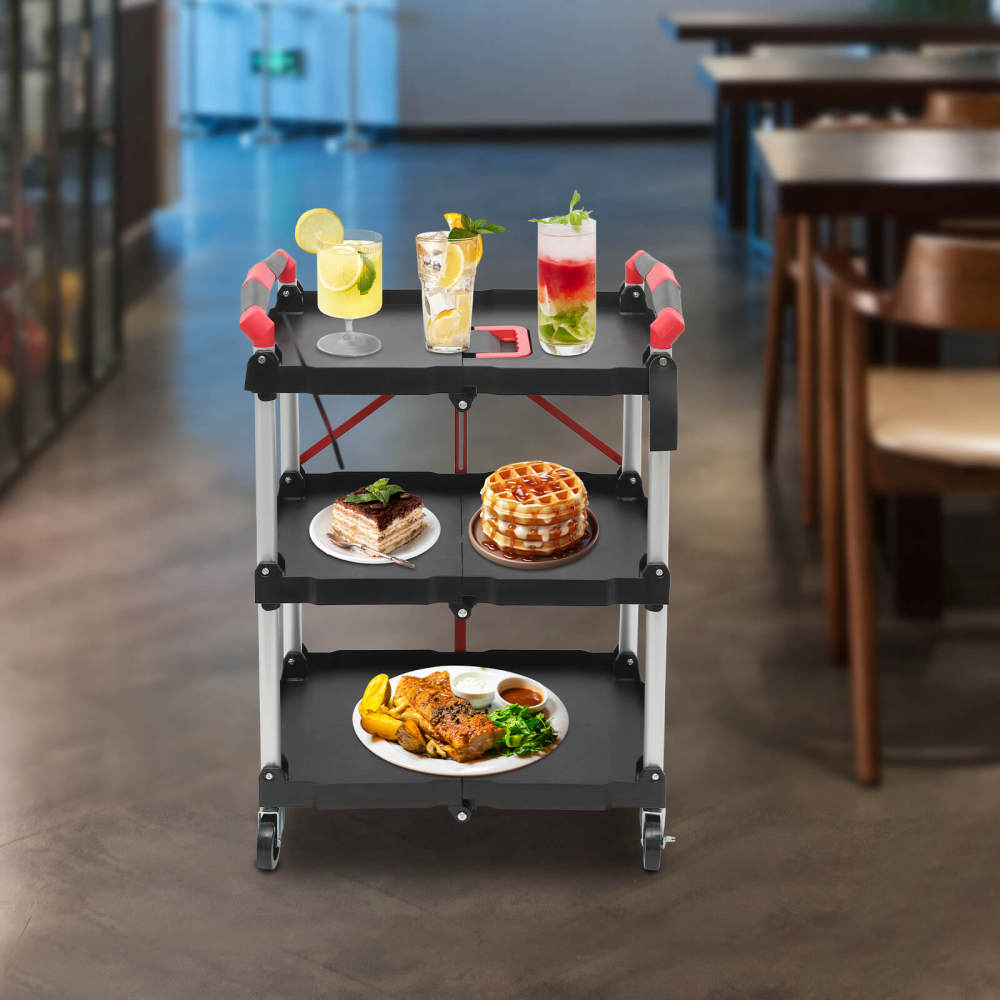 3-Tier Service Carts with Wheels, Foldable Rolling Service Cart, Kitchen Storage Cart, Red Handle, for storing, carrying in restaurants, hotels