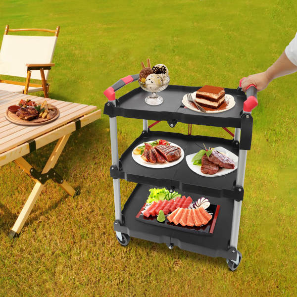 3-Tier Service Carts with Wheels, Foldable Rolling Service Cart, Kitchen Storage Cart, Red Handle, for storing, carrying in restaurants, hotels