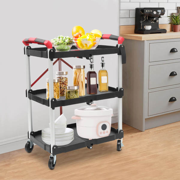 3-Tier Service Carts with Wheels, Foldable Rolling Service Cart, Kitchen Storage Cart, Red Handle, for storing, carrying in restaurants, hotels