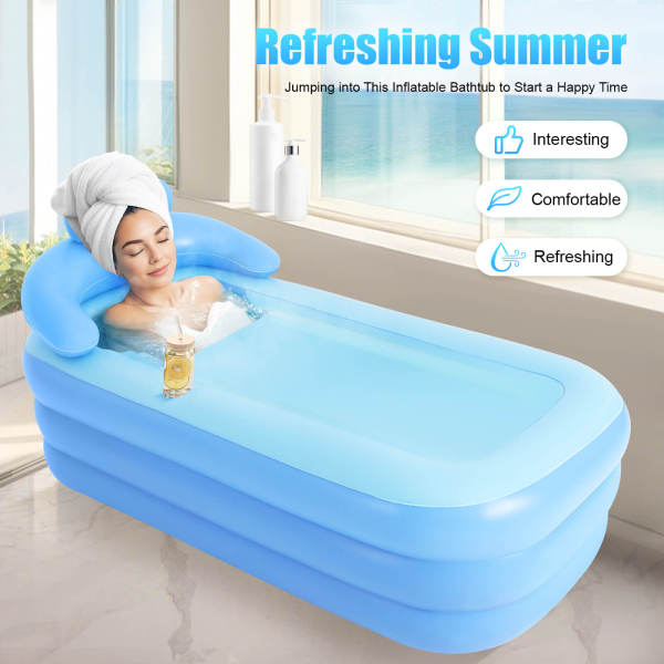 Blue Foldable Inflatable Bathtub, Portable Bath Tub, Massage Bubble Bottom Tub - PVC Material, for Adults & Kids