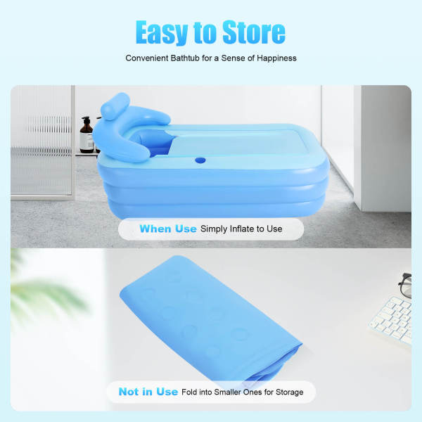 Blue Foldable Inflatable Bathtub, Portable Bath Tub, Massage Bubble Bottom Tub - PVC Material, for Adults & Kids