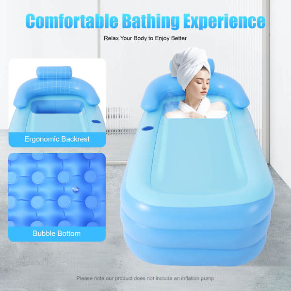 Blue Foldable Inflatable Bathtub, Portable Bath Tub, Massage Bubble Bottom Tub - PVC Material, for Adults & Kids