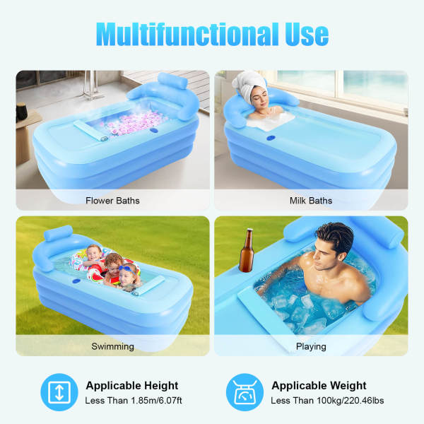 Blue Foldable Inflatable Bathtub, Portable Bath Tub, Massage Bubble Bottom Tub - PVC Material, for Adults & Kids