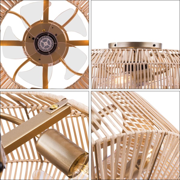 18.5" Ceiling Fan with Remote Control, Rattan Caged Flush Mount Ceiling Fans, Bamboo Low Profile Ceiling Fan