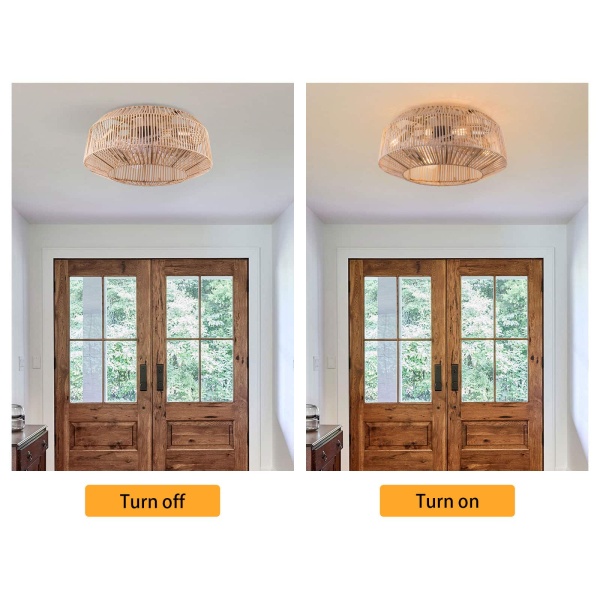 18.5" Ceiling Fan with Remote Control, Rattan Caged Flush Mount Ceiling Fans, Bamboo Low Profile Ceiling Fan