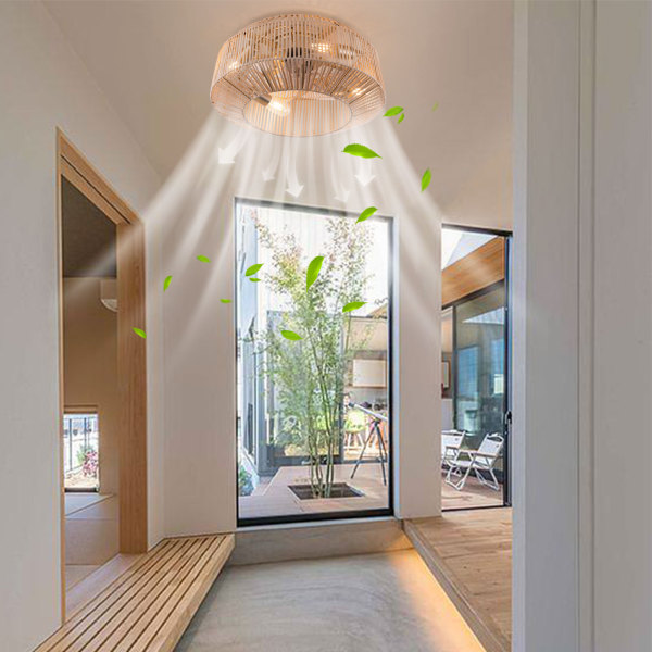 18.5" Ceiling Fan with Remote Control, Rattan Caged Flush Mount Ceiling Fans, Bamboo Low Profile Ceiling Fan