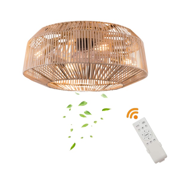 18.5" Ceiling Fan with Remote Control, Rattan Caged Flush Mount Ceiling Fans, Bamboo Low Profile Ceiling Fan