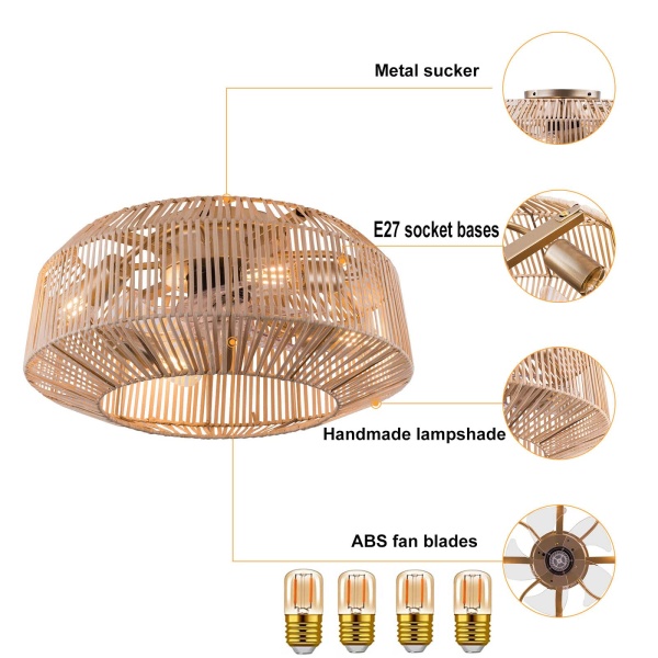 18.5" Ceiling Fan with Remote Control, Rattan Caged Flush Mount Ceiling Fans, Bamboo Low Profile Ceiling Fan