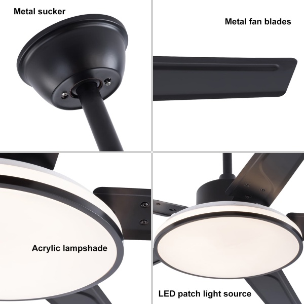 52 inches Ceiling Fan, Ceiling Fan with Remote Control, Flush Mount Ceiling Fan(Black）