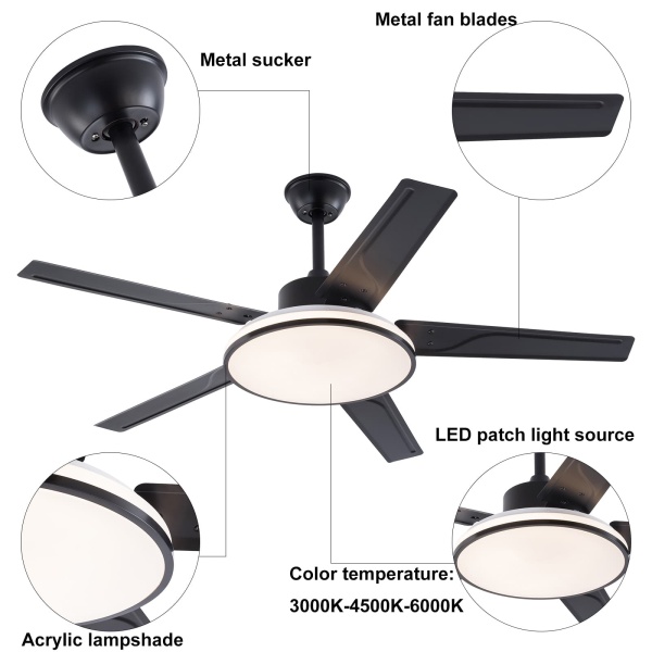 52 inches Ceiling Fan, Ceiling Fan with Remote Control, Flush Mount Ceiling Fan(Black）
