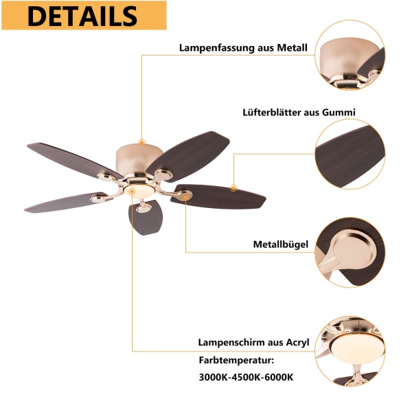 Ceiling Fan with LED Light, 42" Ceiling Fan with Light and Remote, 3-Color Ceiling Fan Light（Gold）