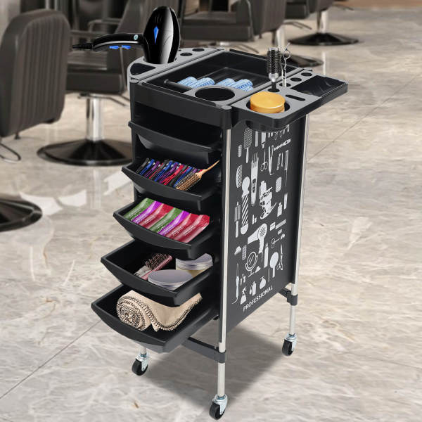 Hairdressing Trolley, Salon Trolley, Salon Trolley with 5 Pull-Out Drawers -  220 lbs Load Capacity, for Beauty & Barber Shops, Black