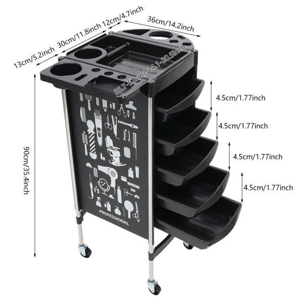 Hairdressing Trolley, Salon Trolley, Salon Trolley with 5 Pull-Out Drawers -  220 lbs Load Capacity, for Beauty & Barber Shops, Black