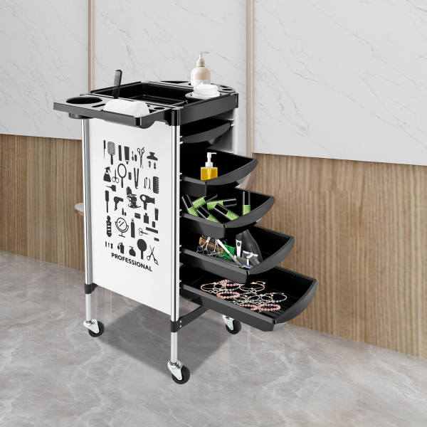 Hairdressing Cart | Salon Trolley with 5 Pull-Out Drawers and Foldable Equipment Holder | SPA Hairdressing Cart for Stylist, Hairdresser, White