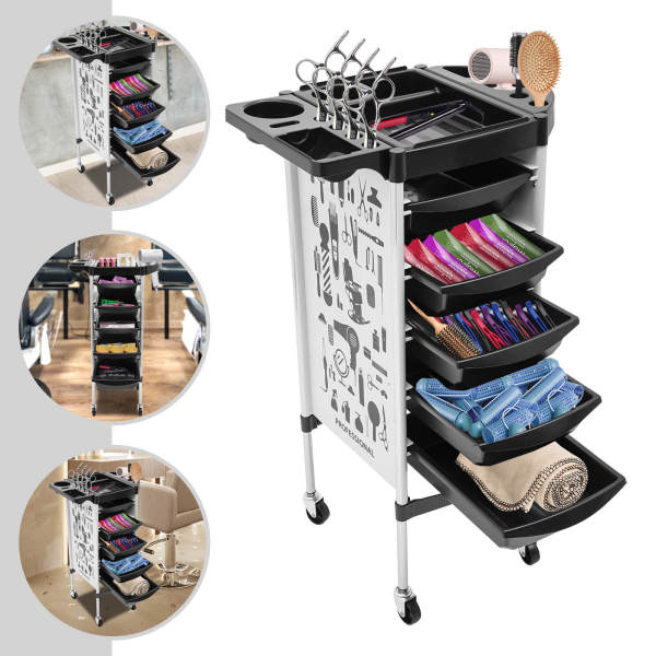 Hairdressing Cart | Salon Trolley with 5 Pull-Out Drawers and Foldable Equipment Holder | SPA Hairdressing Cart for Stylist, Hairdresser, White