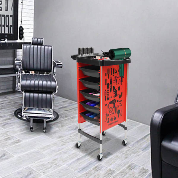 Hairdressing Cart | Salon Trolley with 5 Pull-Out Drawers and Foldable Equipment Holder | SPA Hairdressing Cart for Stylist, Hairstyling, Red