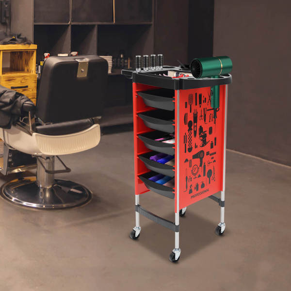 Hairdressing Cart | Salon Trolley with 5 Pull-Out Drawers and Foldable Equipment Holder | SPA Hairdressing Cart for Stylist, Hairstyling, Red